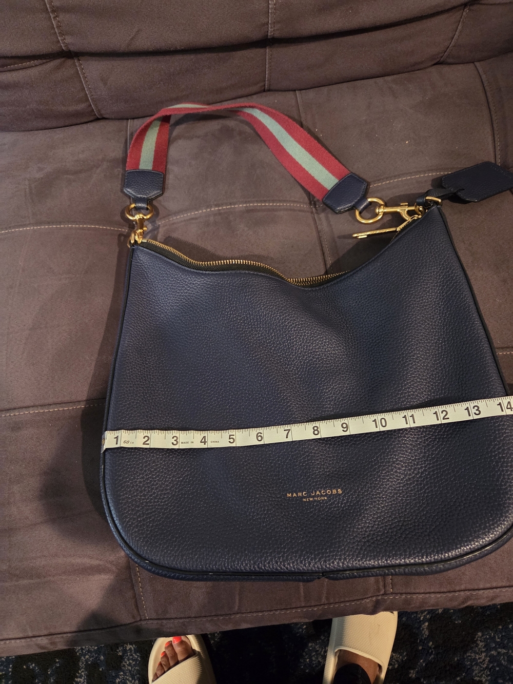 Marc Jacobs Navy Leather Hobo Bag with Striped Strap